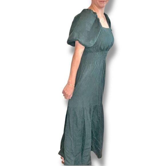 Ann Mashburn Dark Green Square Neck Puff Sleeve Linen Maxi Dress Women’s Size M - Picture 13 of 14